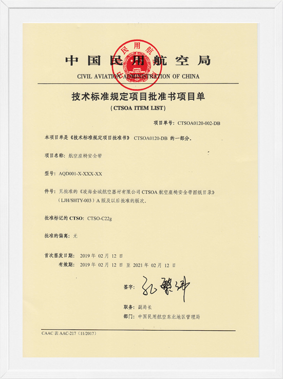 凌海ag平台官网CTSOA项目单-航空座椅清静带